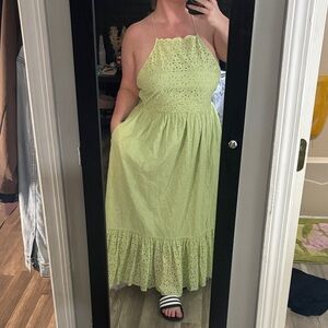 American Eagle Outfitters Light Green Eyelet Halter Maxi Dress